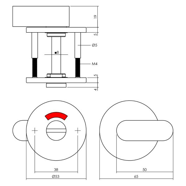 Tekening rozet toilet-/badkamersluiting rond 53x5mm RVS mat zwart 8mm - 0023.343160 - Deurbeslag-en-meer.nl